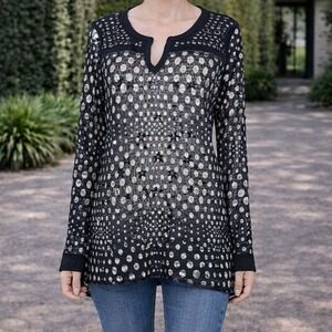 Vocal Black Studded Mesh Polka Dot Print Long Sleeve Tunic Women's Large